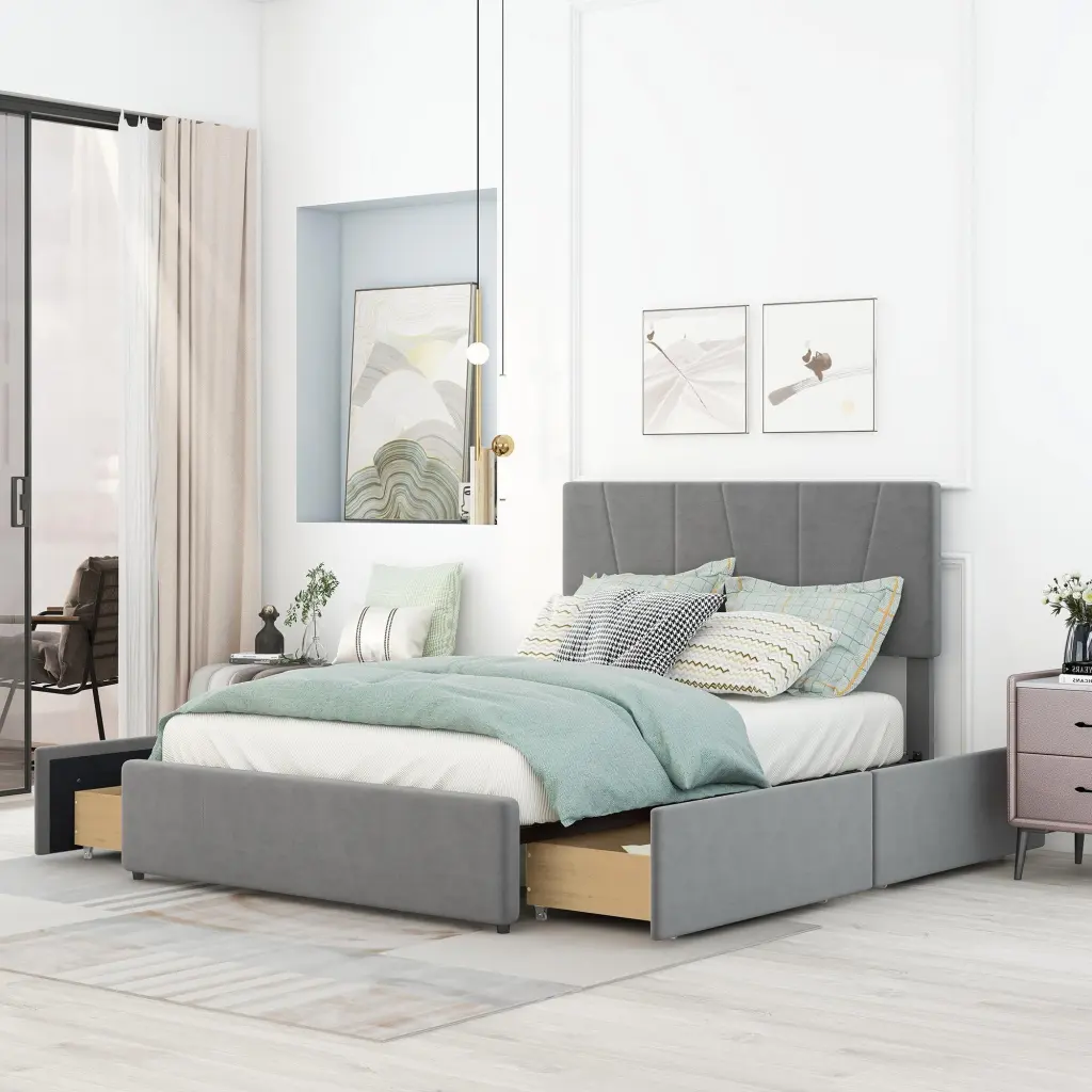Full Dimensions Upholstery Platform Bed Four Drawers on Two Sides wm store