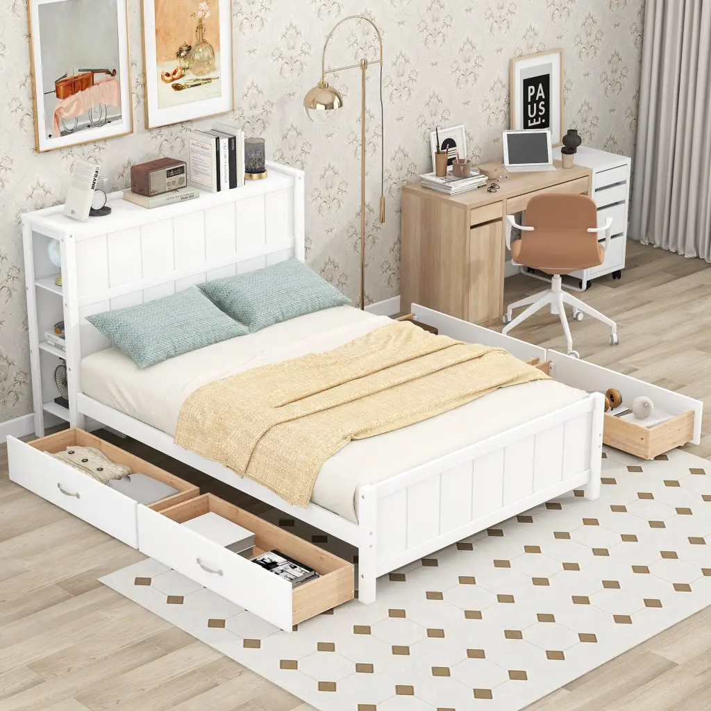 Full Size Platform Bed Drawers And Storage Shelves White Modern Bed Frame wm store