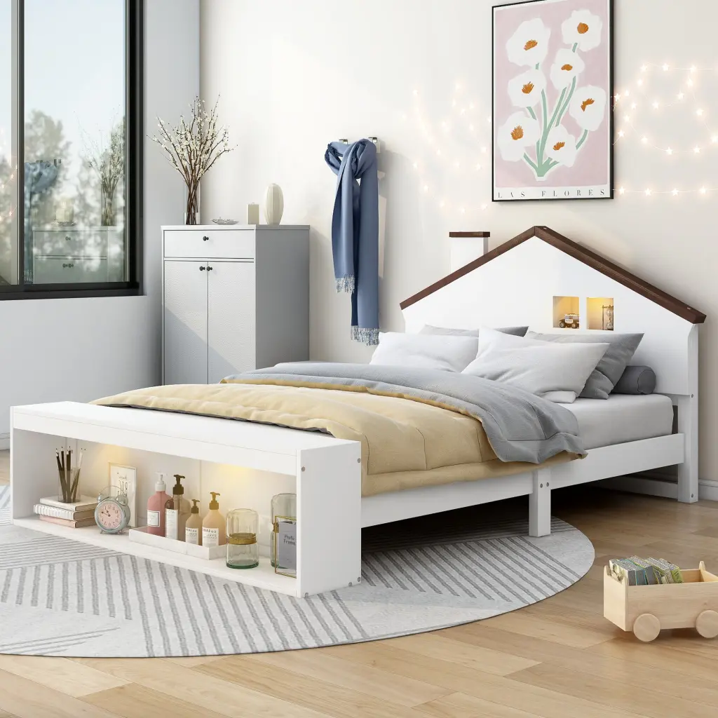 Full Size Platform Bed LED Lights and Storage White wm store