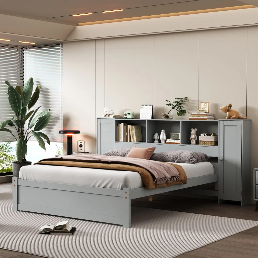 Full Size Platform Bed Storage Headboard And Lockers Gray Bed Frame wm store