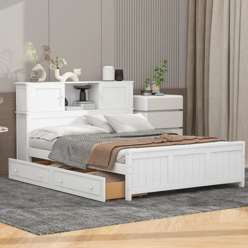 Full Size Platform Bed Storage Headboard and Sliding Door 2 Drawers wm store