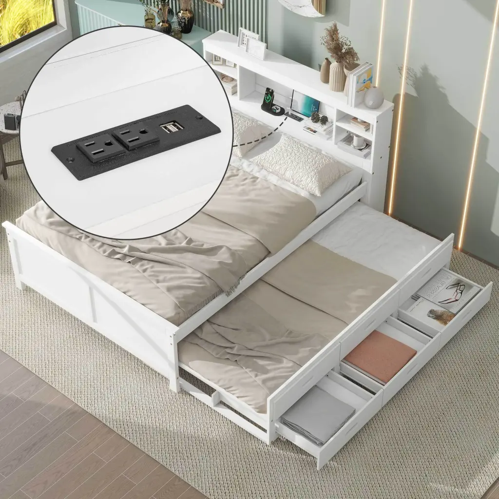 Full Size Platform Bed Storage Headboard and USB Ports Twin Size Trundle wm store