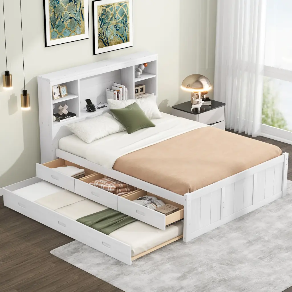 Full Size Platform Bed Storage Headboard and Charging Station Twin Bed Frame wm store