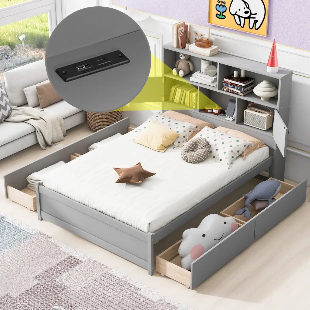 Full Size Platform Bed Storage Headboard, Charging Station and 4 Drawers wm store