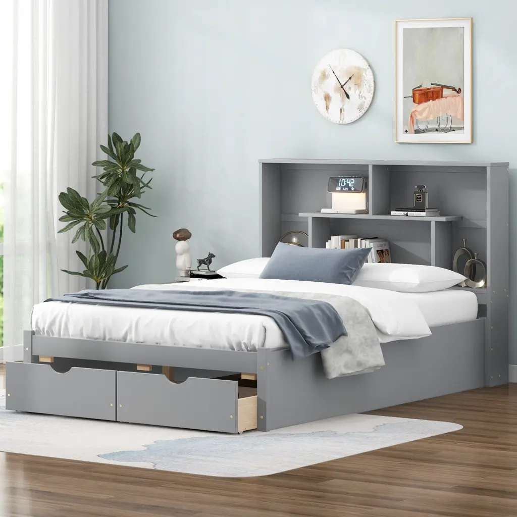Full Size Platform Bed Storage Headboard And 2 Drawers Gray Box Design wm store