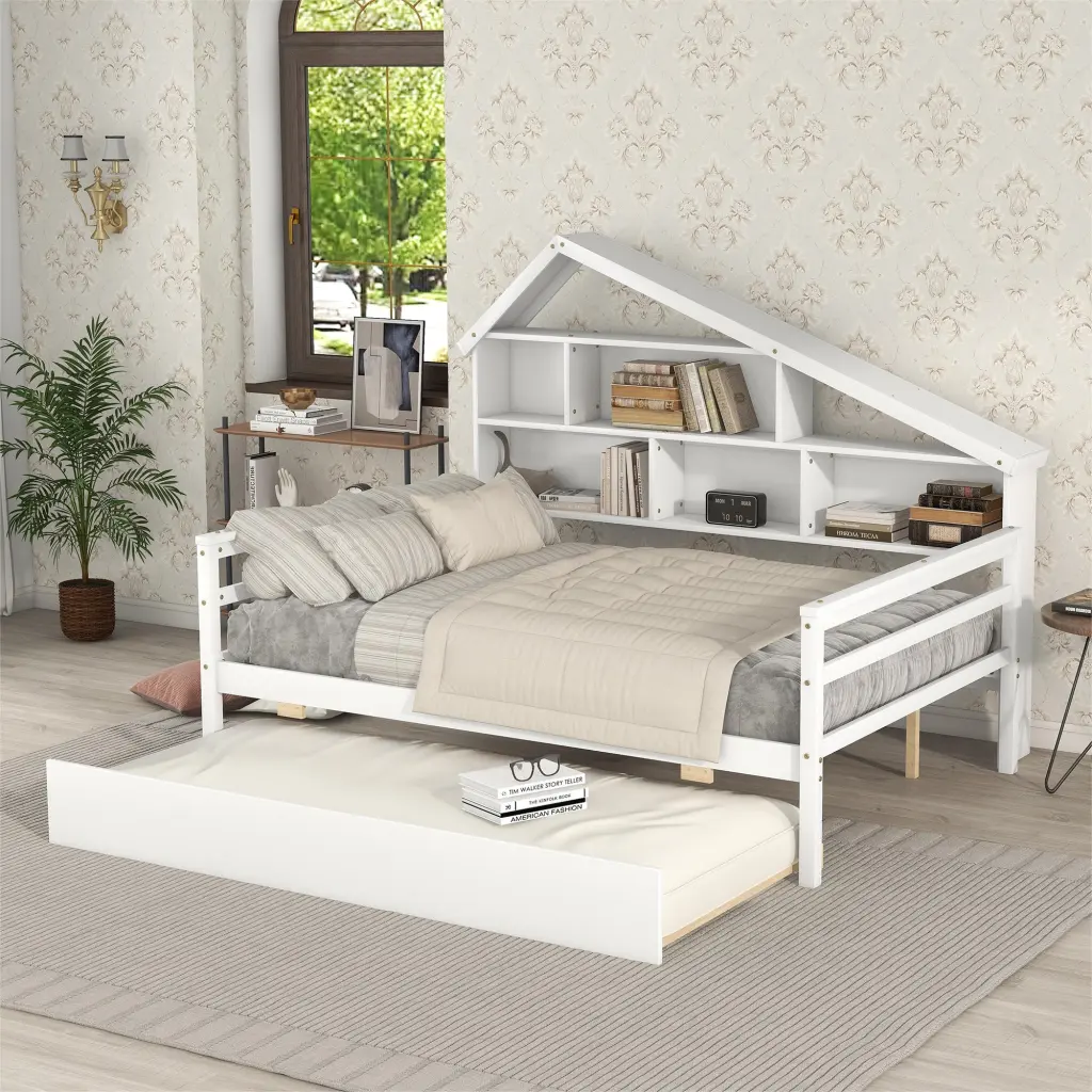 Full Size Platform Bed Trundle and Shelves White Pine wm store