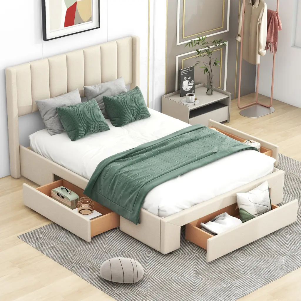 Full Size Upholstered Platform Bed Large Footboard Drawer wm store