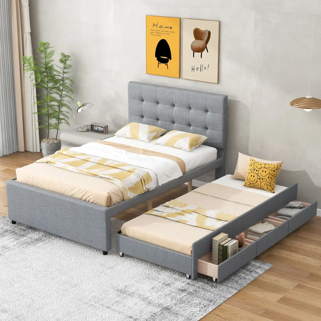 Full Size Upholstered Platform Bed Pull Out Twin Trundle wm store