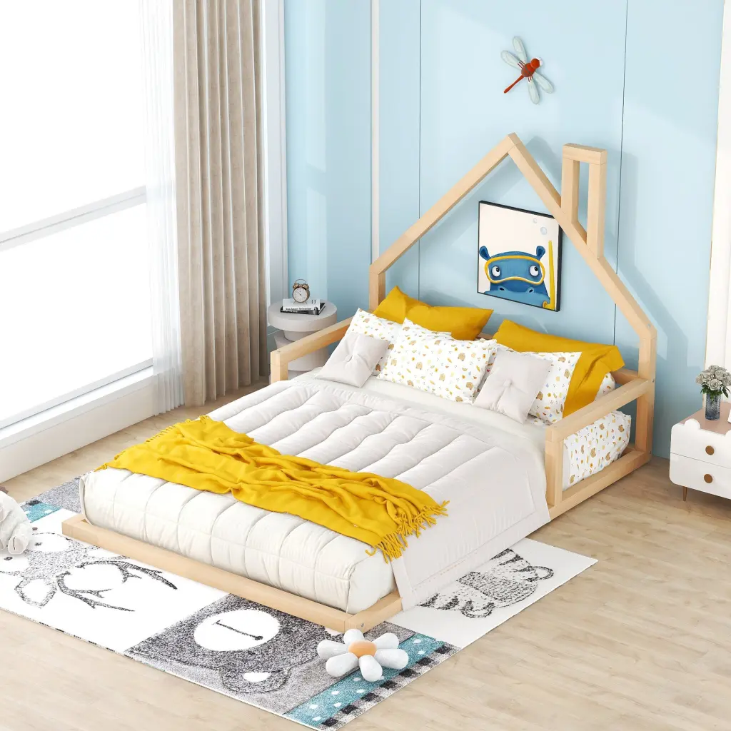 Full Size Wood Floor Bed Headboard Natural Box Spring Platform Bed wm store