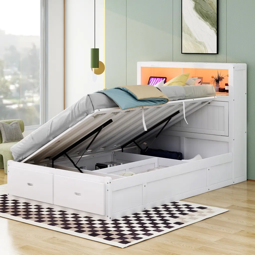 Full Size Wood Hydraulic Platform Bed Storage and LED Headboard Charcoal wm store
