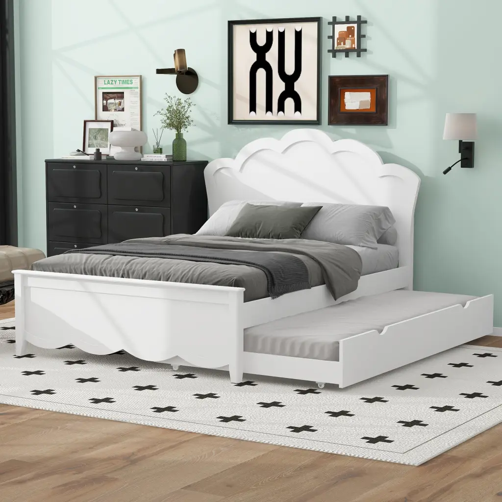 Full Size Wood Platform Bed Headboard And Twin Size Trundle White Finish wm store