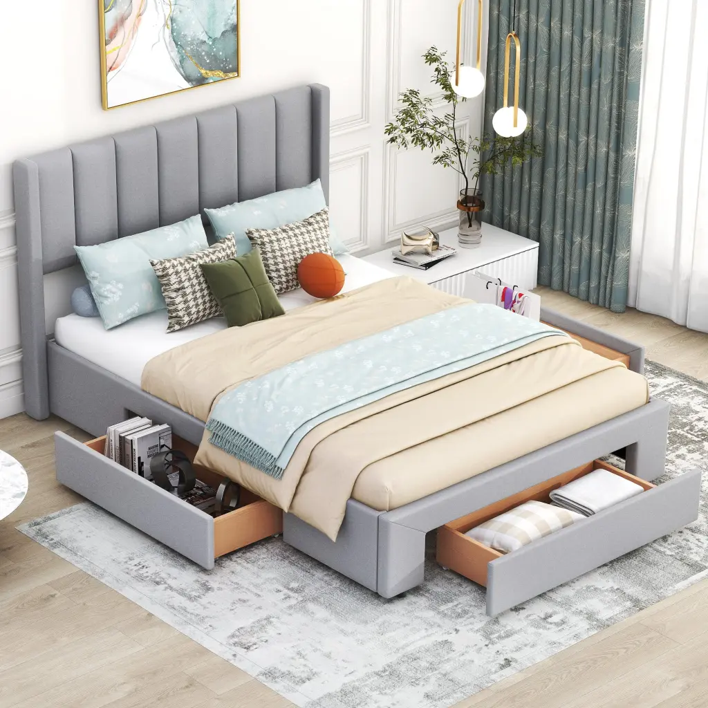 Full Upholstered Platform Bed Large Footboard Drawer - Modern Storage Bed wm store