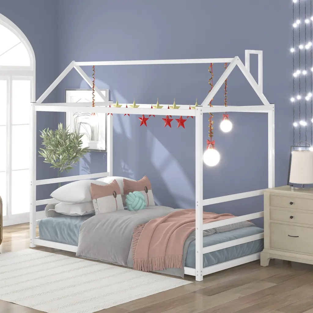 House Platform Bed Roof And Chimney Design White Metallic Finish wm store