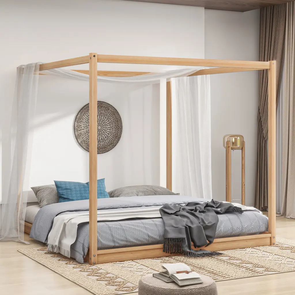 King Canopy Platform Bed Support Legs Natural Wood No Box Spring Needed wm store