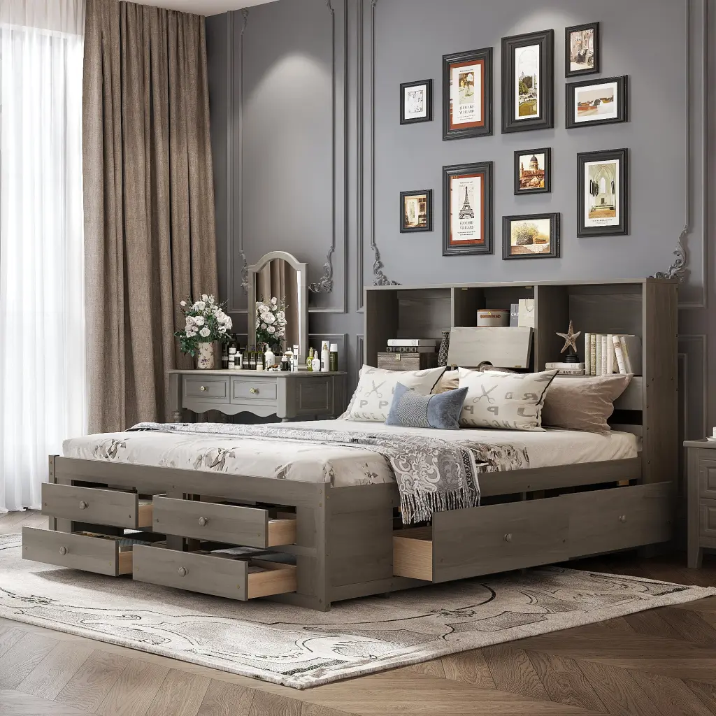 King Dimensions Platform Bed Storage Headboard And 8 Drawers Gray Box wm store