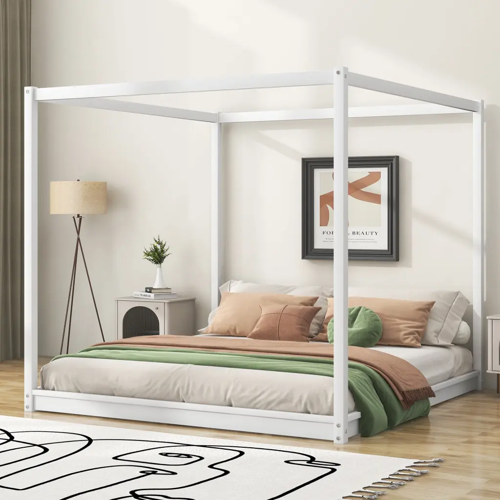 King Size Canopy Platform Bed Substantial Legs White Box Spring Not Required wm store