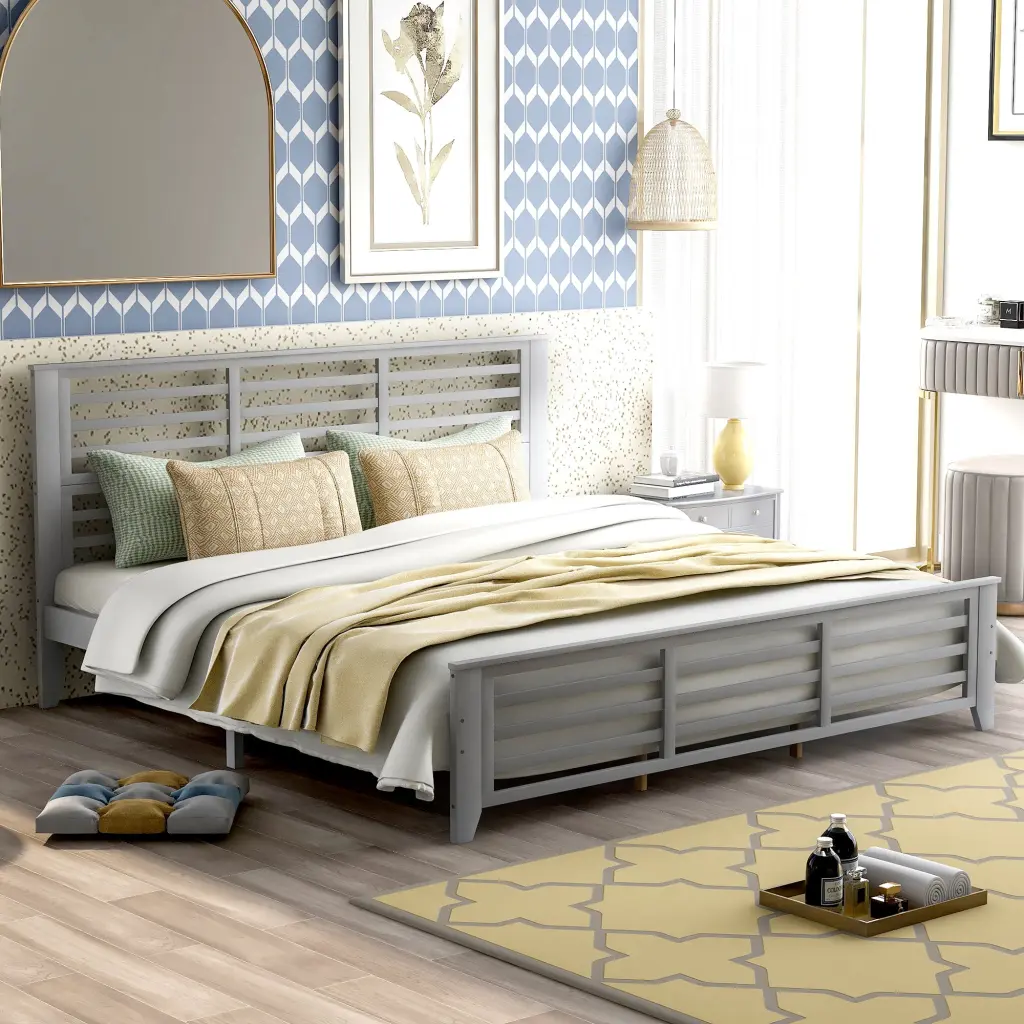 King Size Gray Platform Bed Horizontal Strip Hollow Design wm store