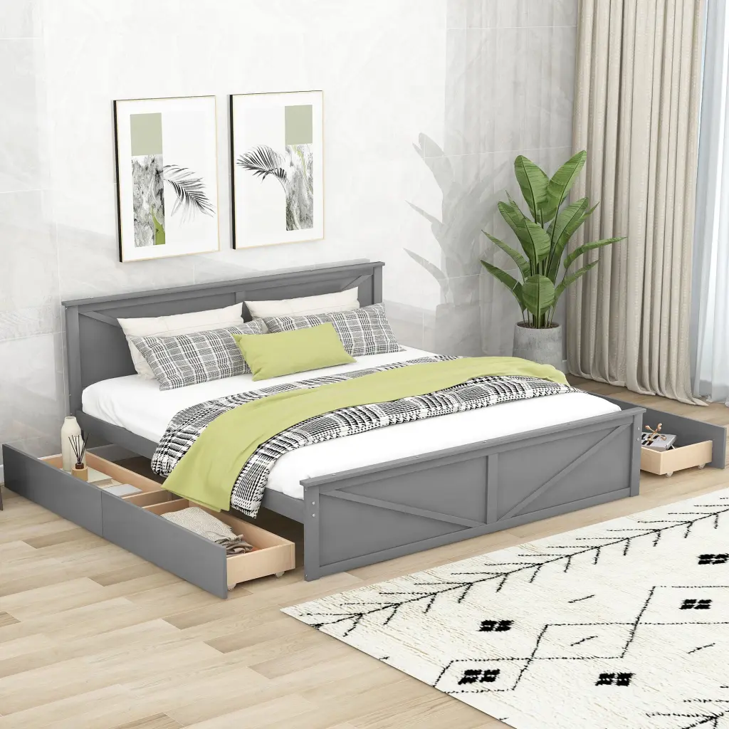 King Size Wooden Platform Bed 4 Storage Drawers Substantial Legs wm store