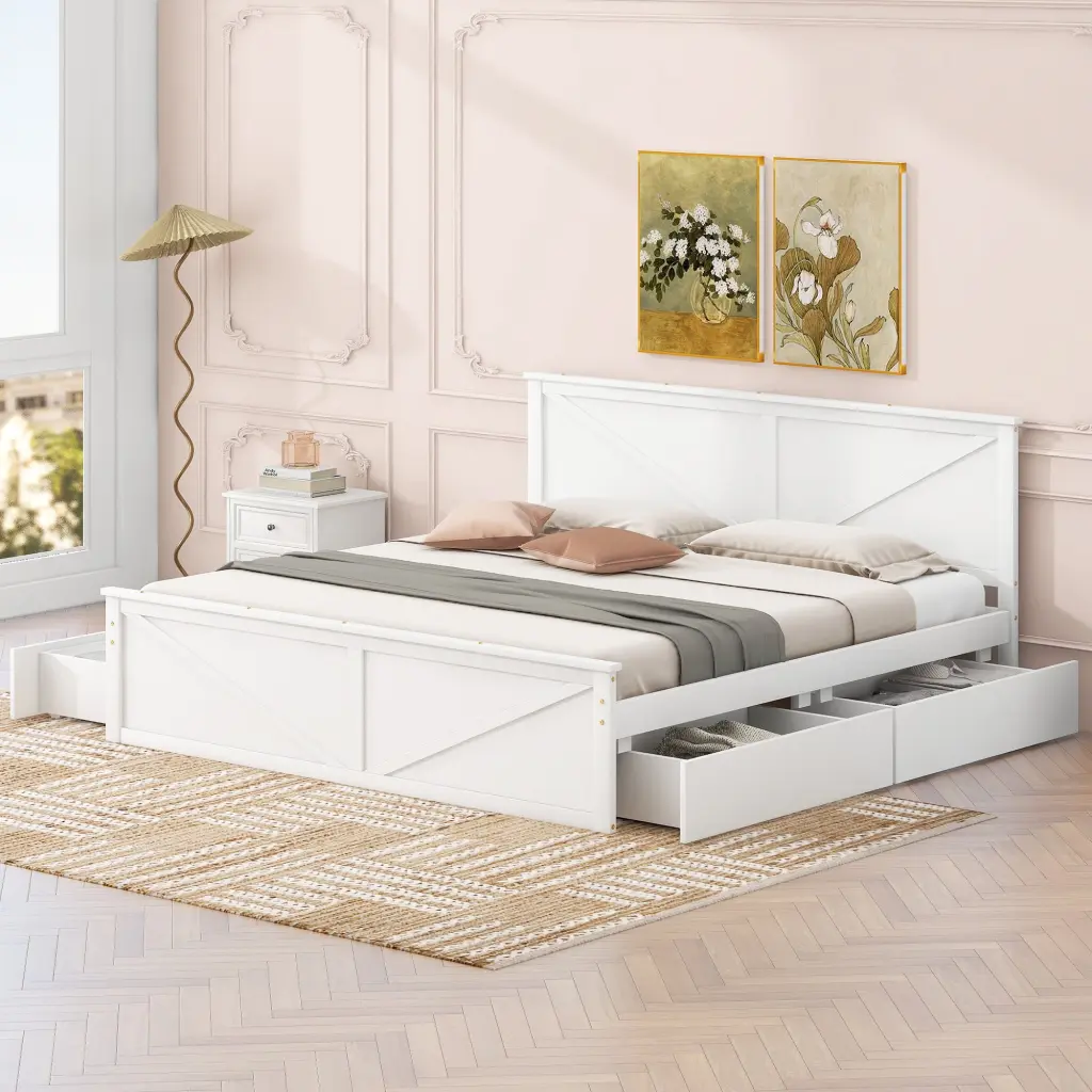 King Wooden Platform Bed Four Storage Drawers And Substantial Headboard wm store