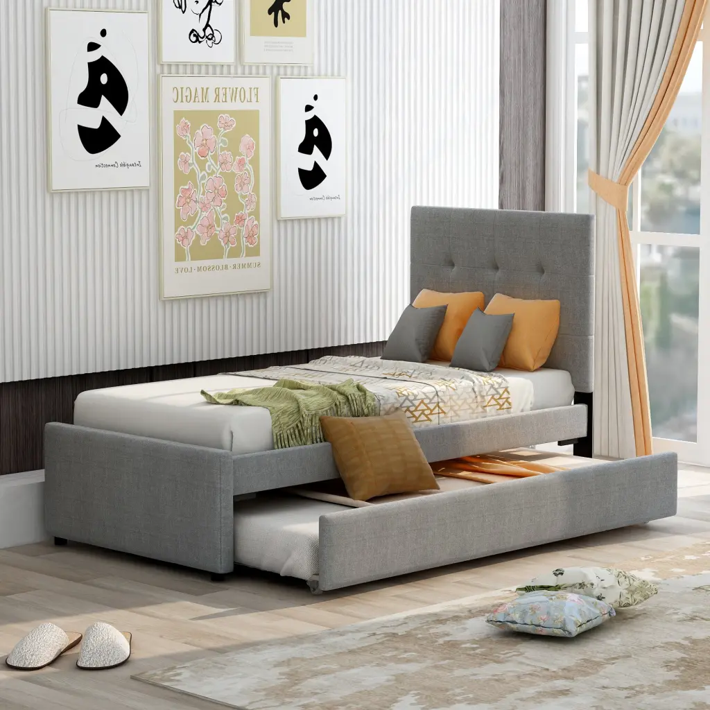 Linen Upholstered Platform Bed Headboard and Trundle Twin Gray wm store
