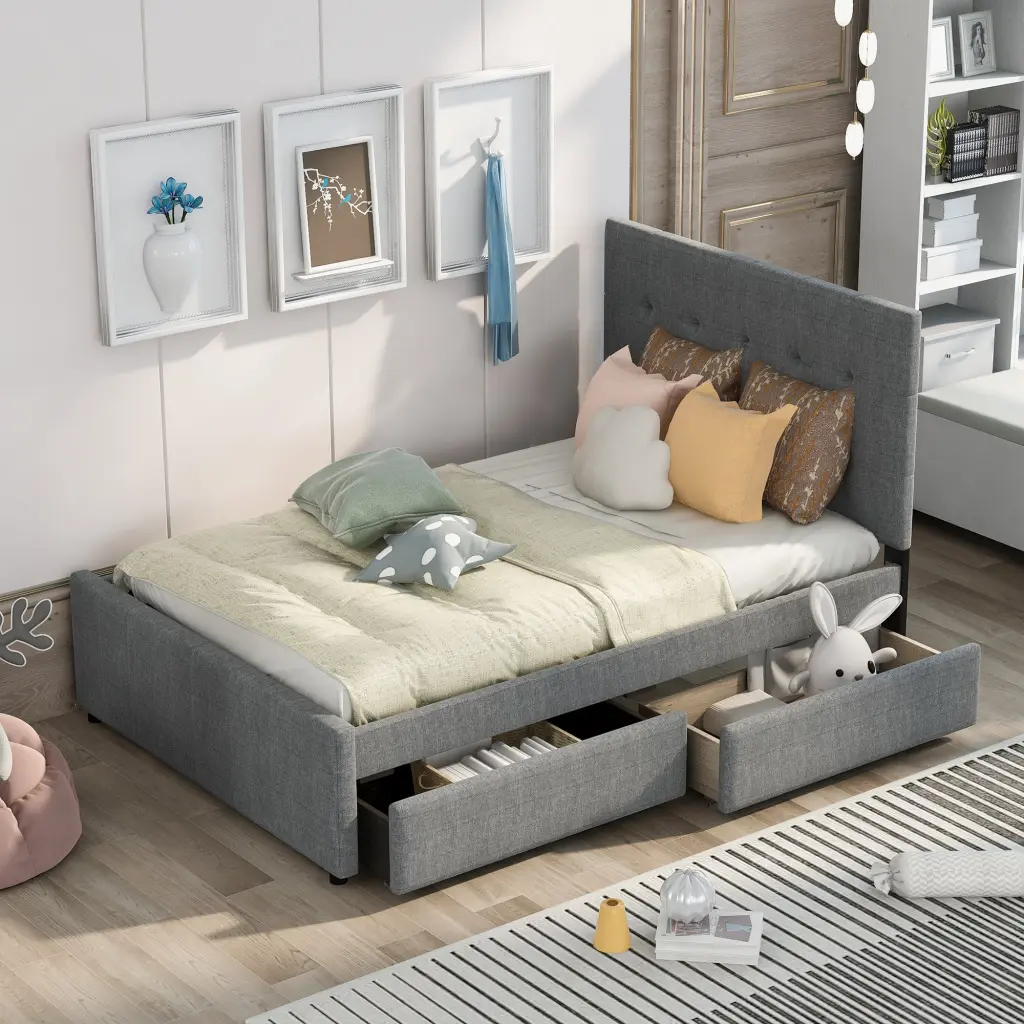 Linen Upholstered Platform Bed Headboard And Two Drawers Full Size wm store