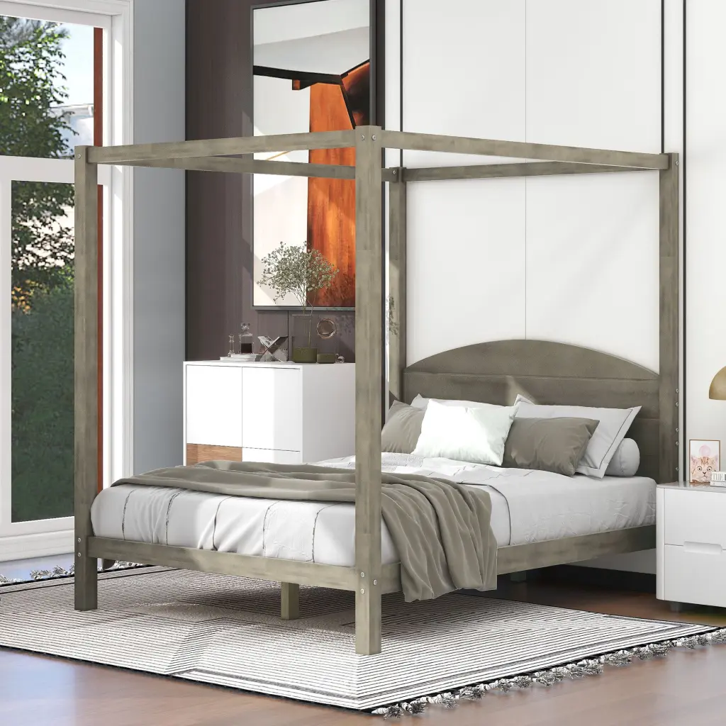Queen Dimensions Canopy Platform Bed Headboard And Substantial Legs Brown Wood wm store
