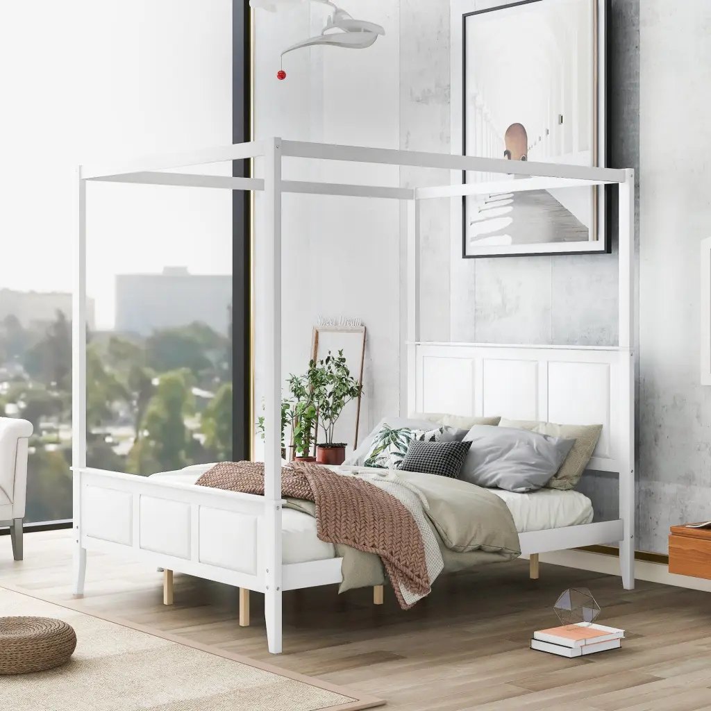 Queen Dimensions Canopy Platform Bed Headboard And Footboard Slat Support wm store
