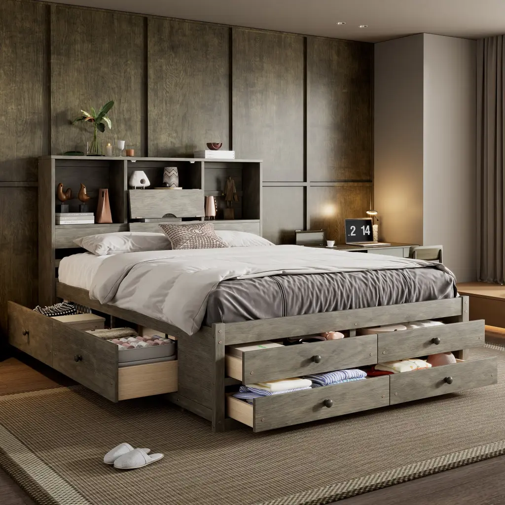 Queen Dimensions Platform Bed Storage Headboard And 8 Drawers Gray Box Modern Bed Frame wm store