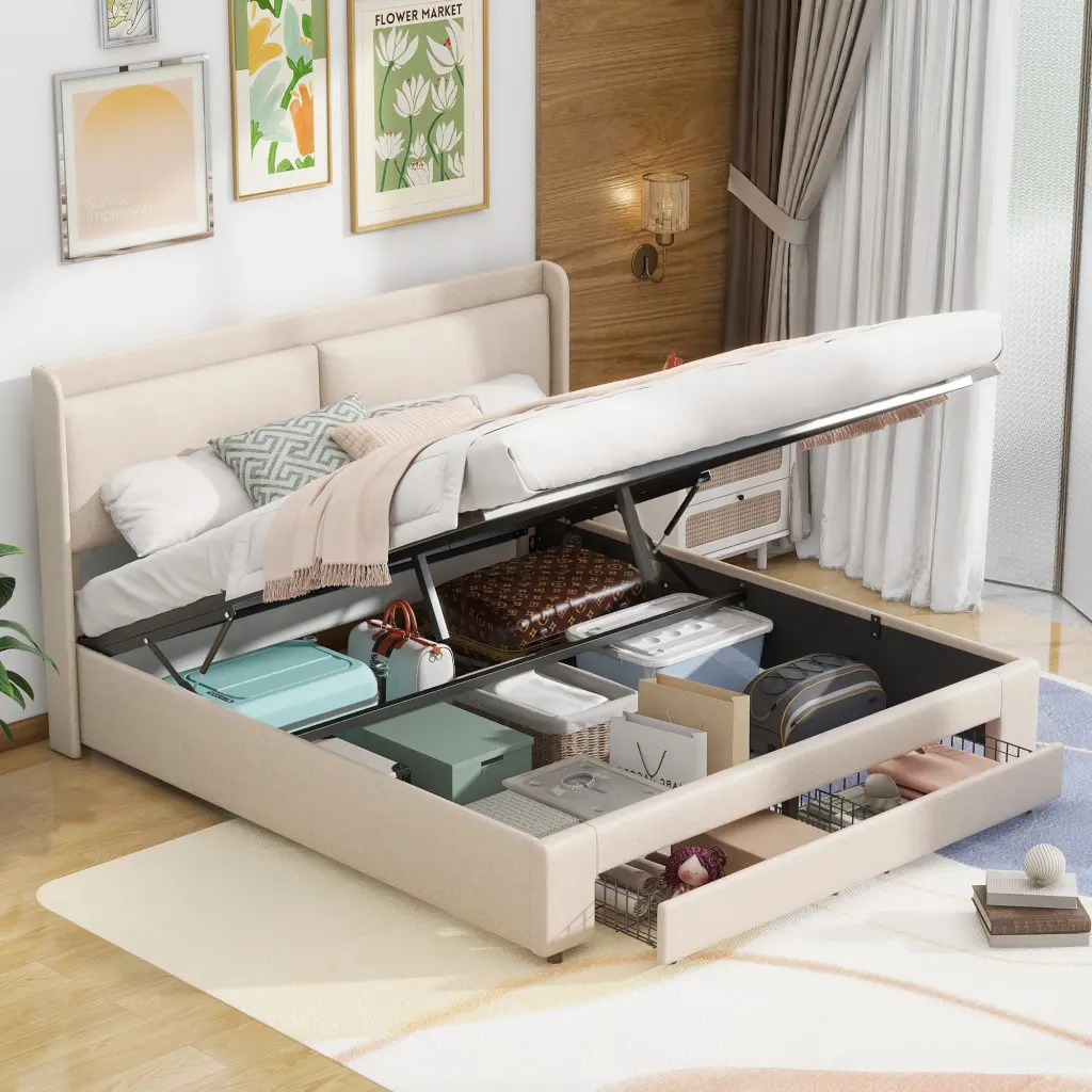 Queen Dimensions Storage Upholstered Hydraulic Platform Bed 2 Drawers wm store