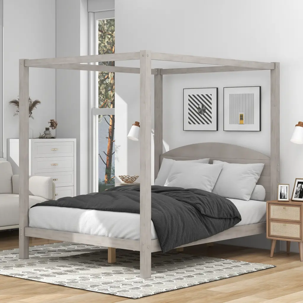 Queen Size Canopy Platform Bed Headboard Grey Wash wm store