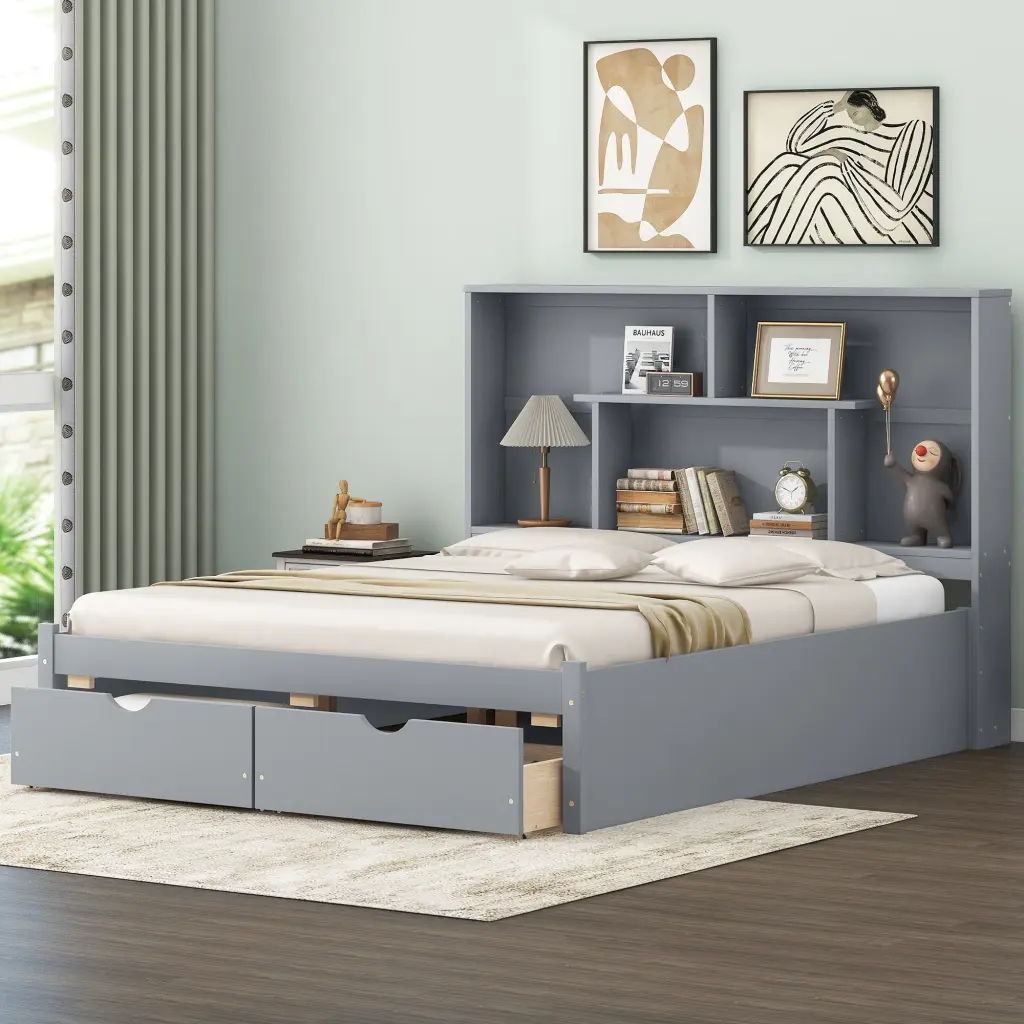 Queen Size Platform Bed Storage Headboard And 2 Drawers Gray wm store