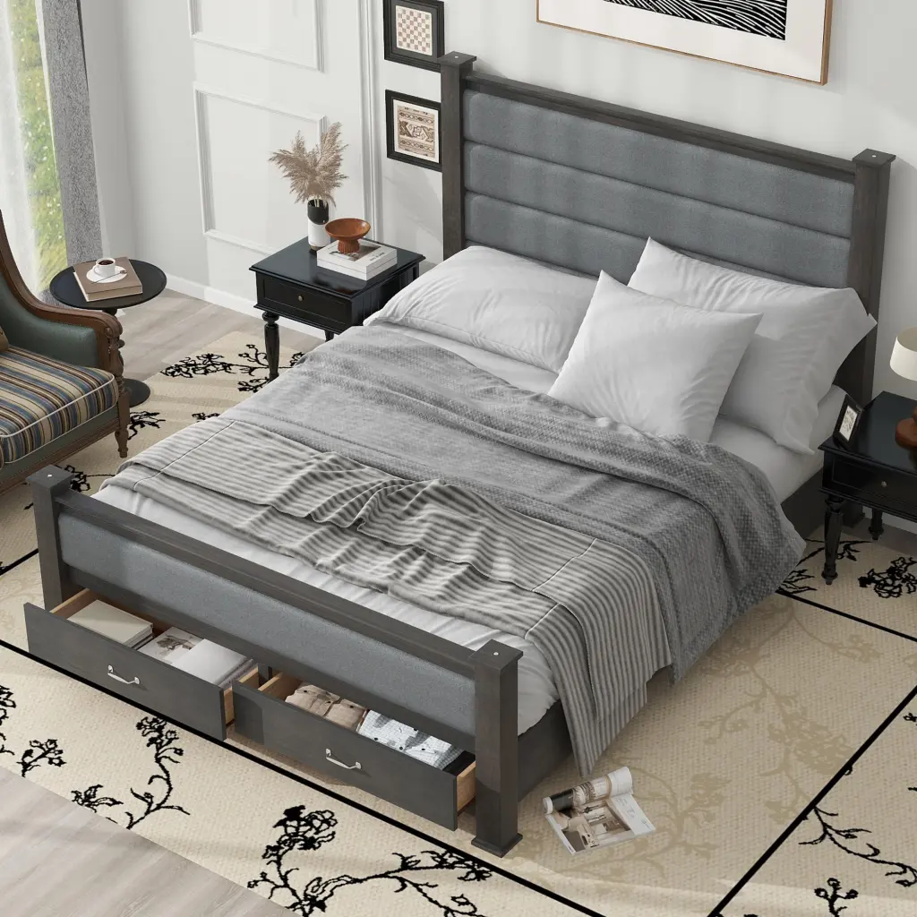 Queen Size Wood Frame Platform Bed Upholstered Headboard And Footboard wm store