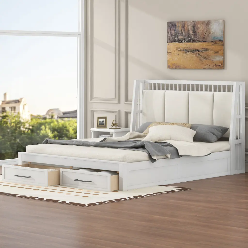 Queen Size Wood Platform Bed Upholstered Headboard and 2 Storage Drawers wm store
