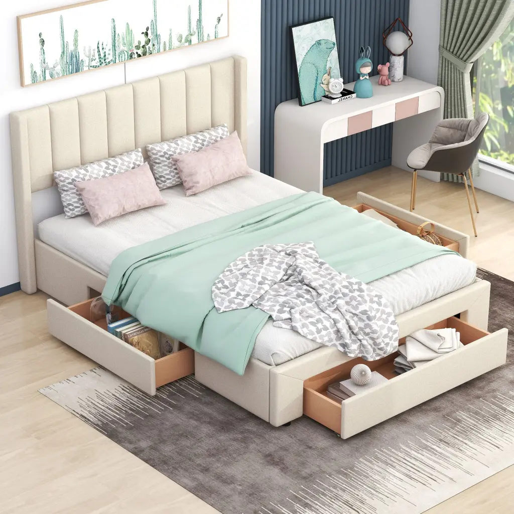 Queen Upholstered Platform Bed Large Footboard Drawer Modern Bedroom Furniture wm store
