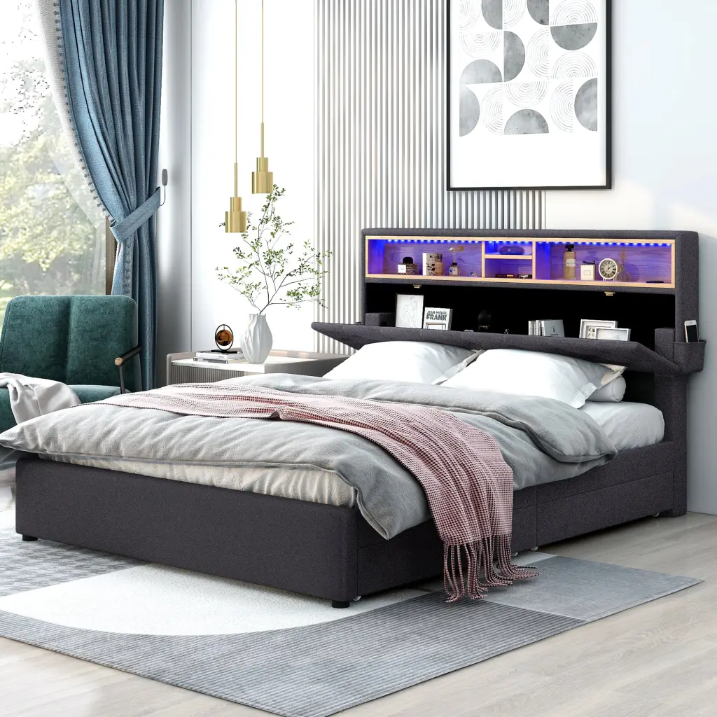 Queen Upholstered Platform Bed Storage Headboard LED USB wm store