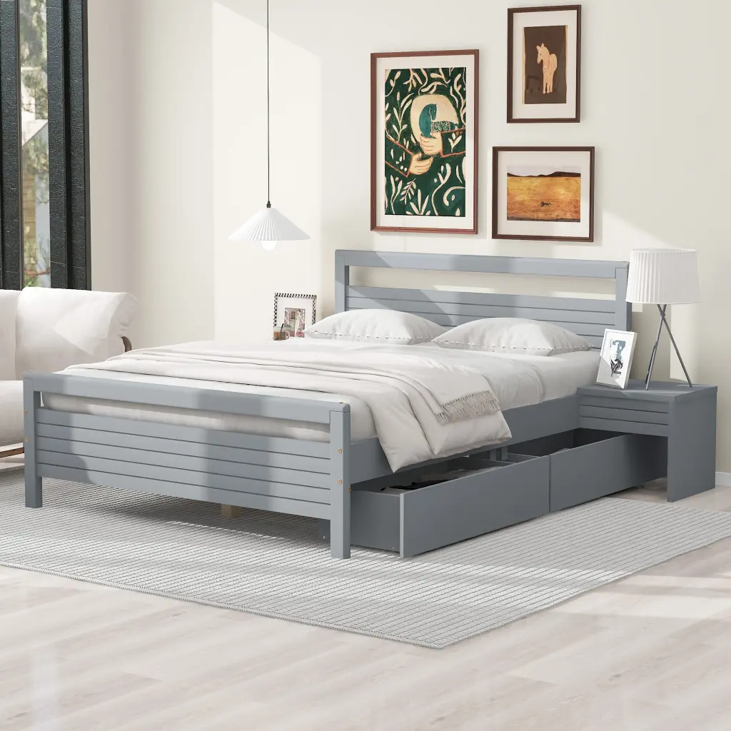 Queen Wooden Platform Bed 2 Storage Drawers and 2 Bedside Tables wm store