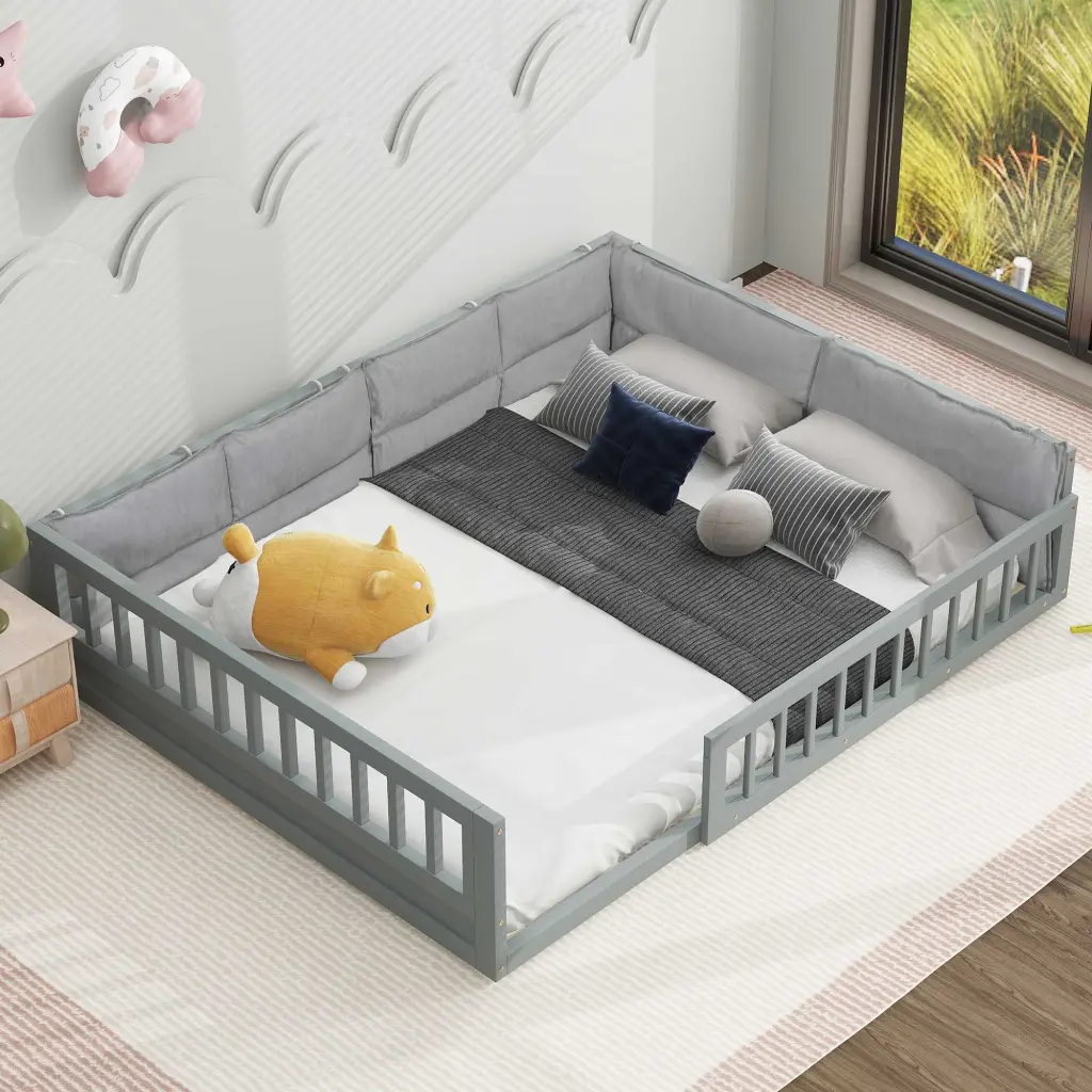 Timber Full Dimensions Upholstered Platform Bed Guardrail And Pillow Gray Modern Bed Frame wm store