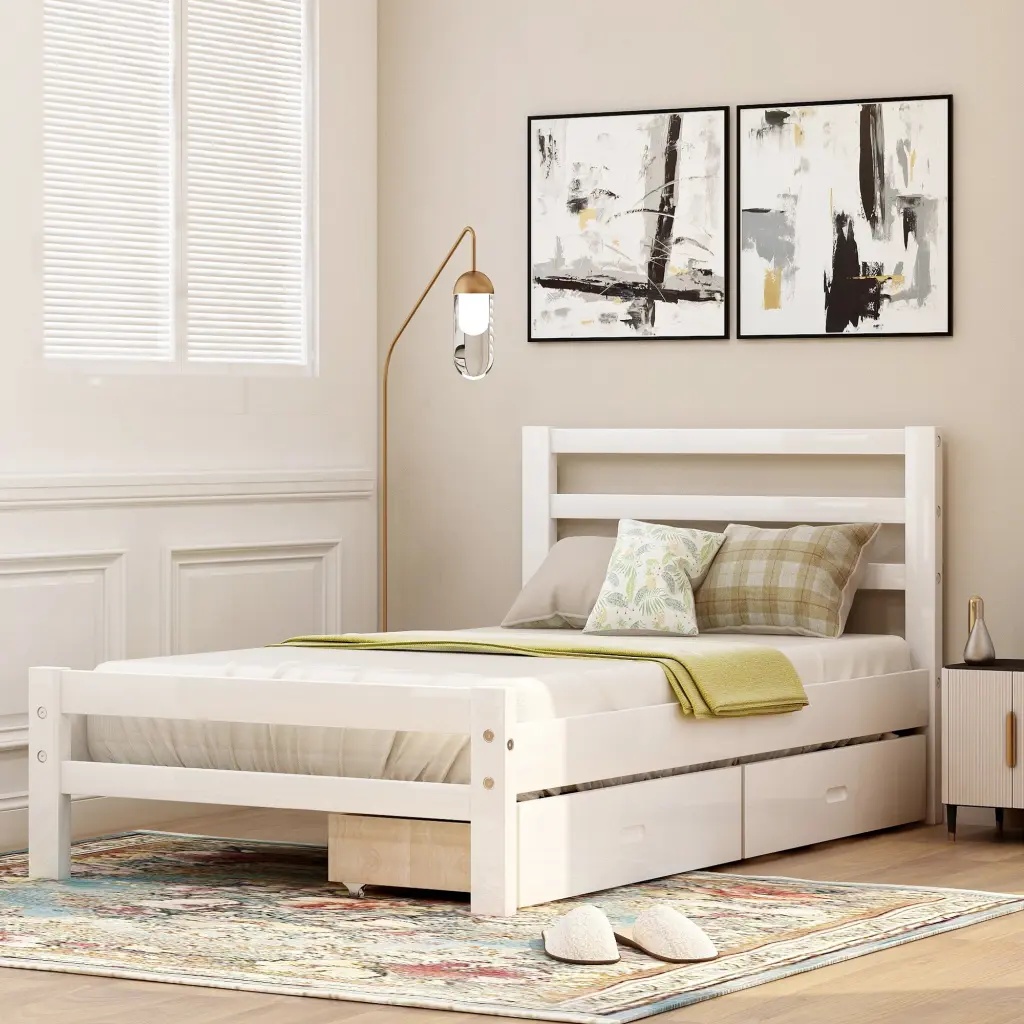 Timber Platform Bed Two Drawers Twin Size White Pine Wood Frame wm store