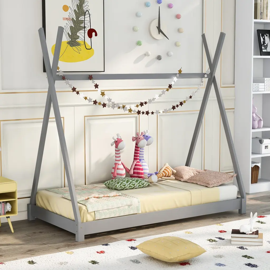 Twin Dimensions Houtilize Platform Bed Triangle Structure Gray Pine Wood wm store