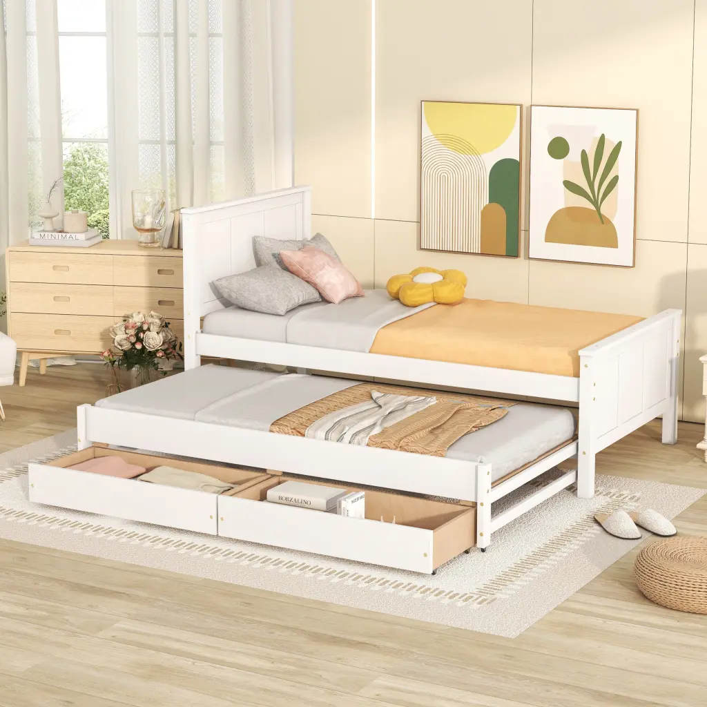 Twin Dimensions Platform Bed Trundle And Drawers White White Pine Wood wm store