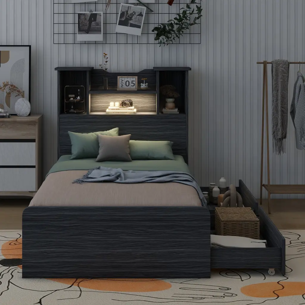 Twin Dimensions Storage Platform Bed Frame 4 Open Storage Shelves And 2 Drawers wm store