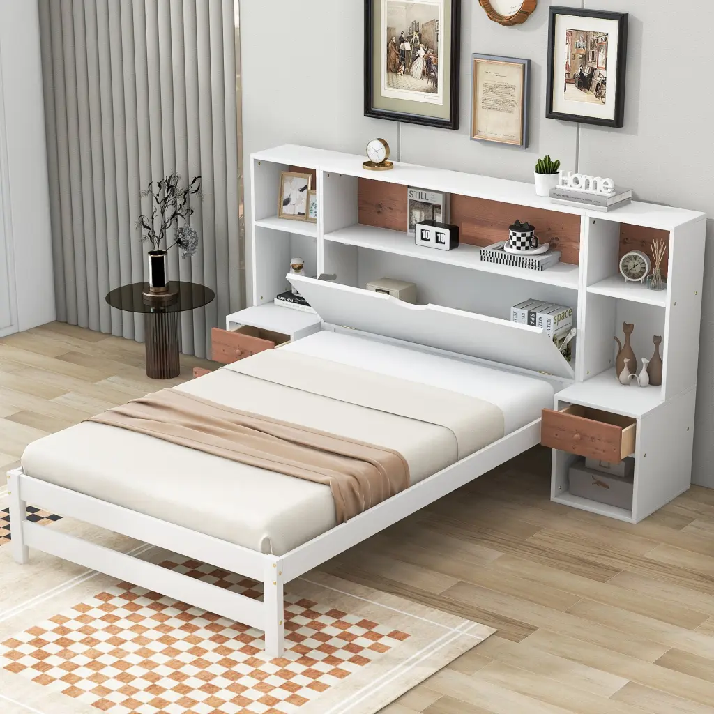 Twin Platform Bed Storage Headboard and Drawers White Wood Bed Frame wm store