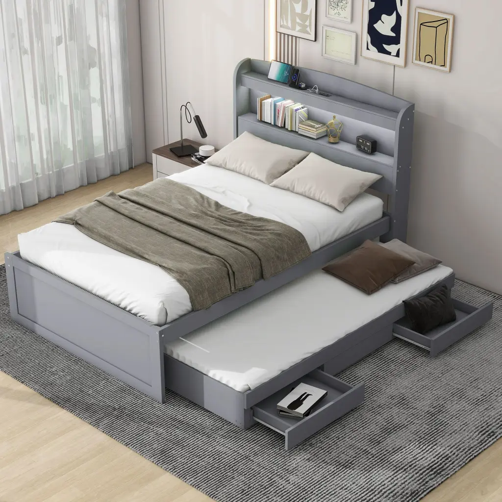 Twin XL Platform Bed Storage LED Headboard and Charging Station wm store