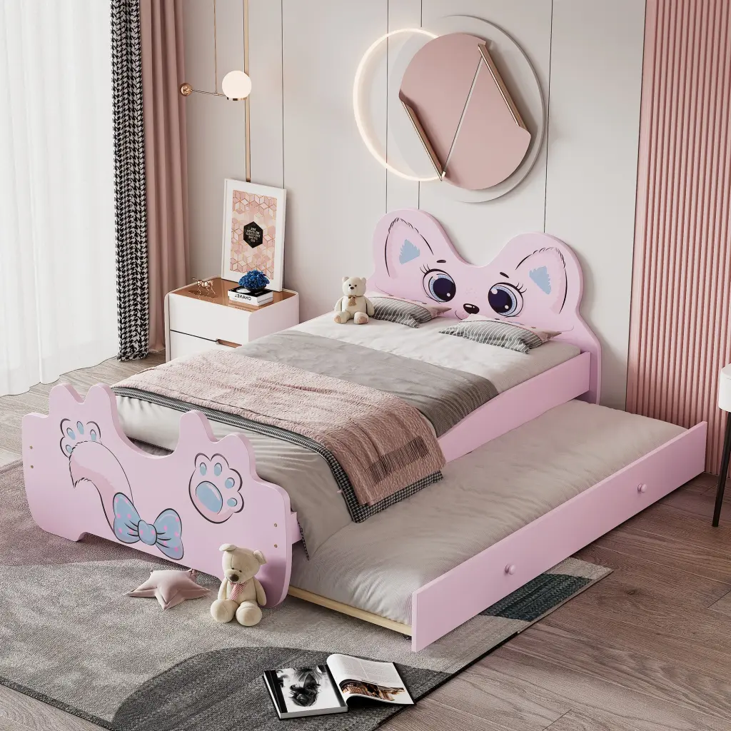 Twin Platform Bed Trundle Pink Blue MDF Space Saving Kids Bed wm store