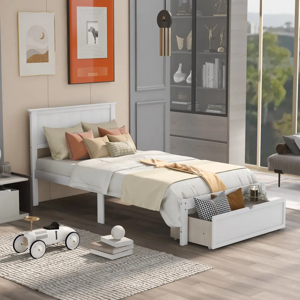 Twin Platform Bed Under Bed Drawer White White Pine wm store