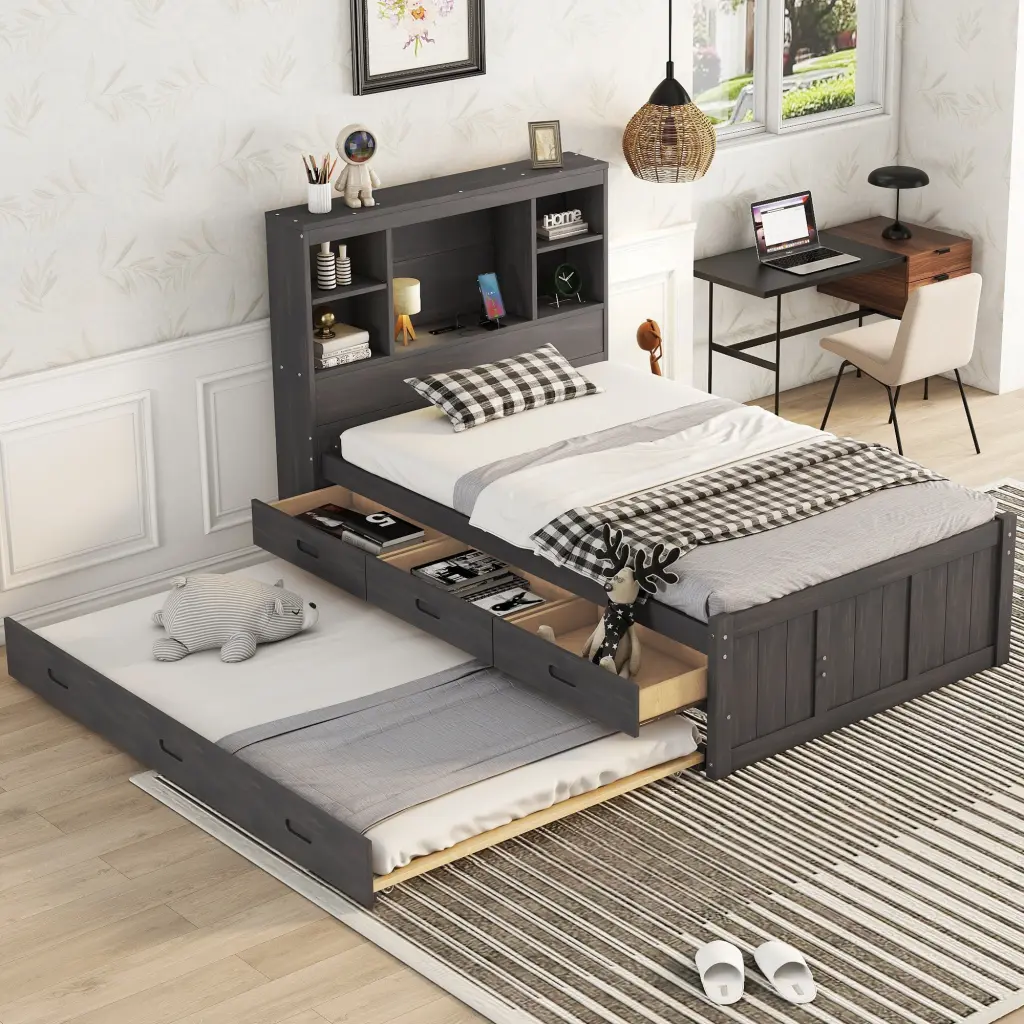 Twin Size Platform Bed Storage Headboard and Charging Station wm store