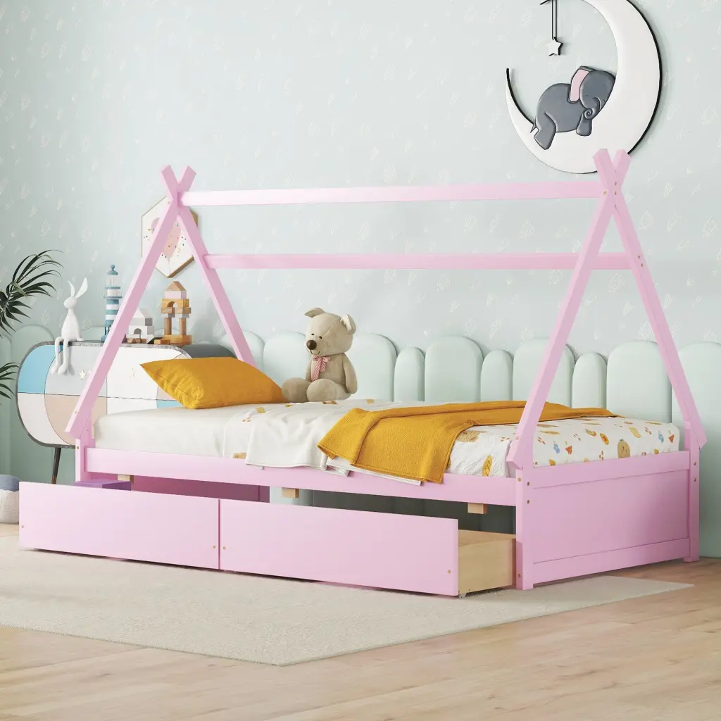 Twin Size Platform Bed Two Drawers, Headboard And Footboard, Space Saving Design wm store