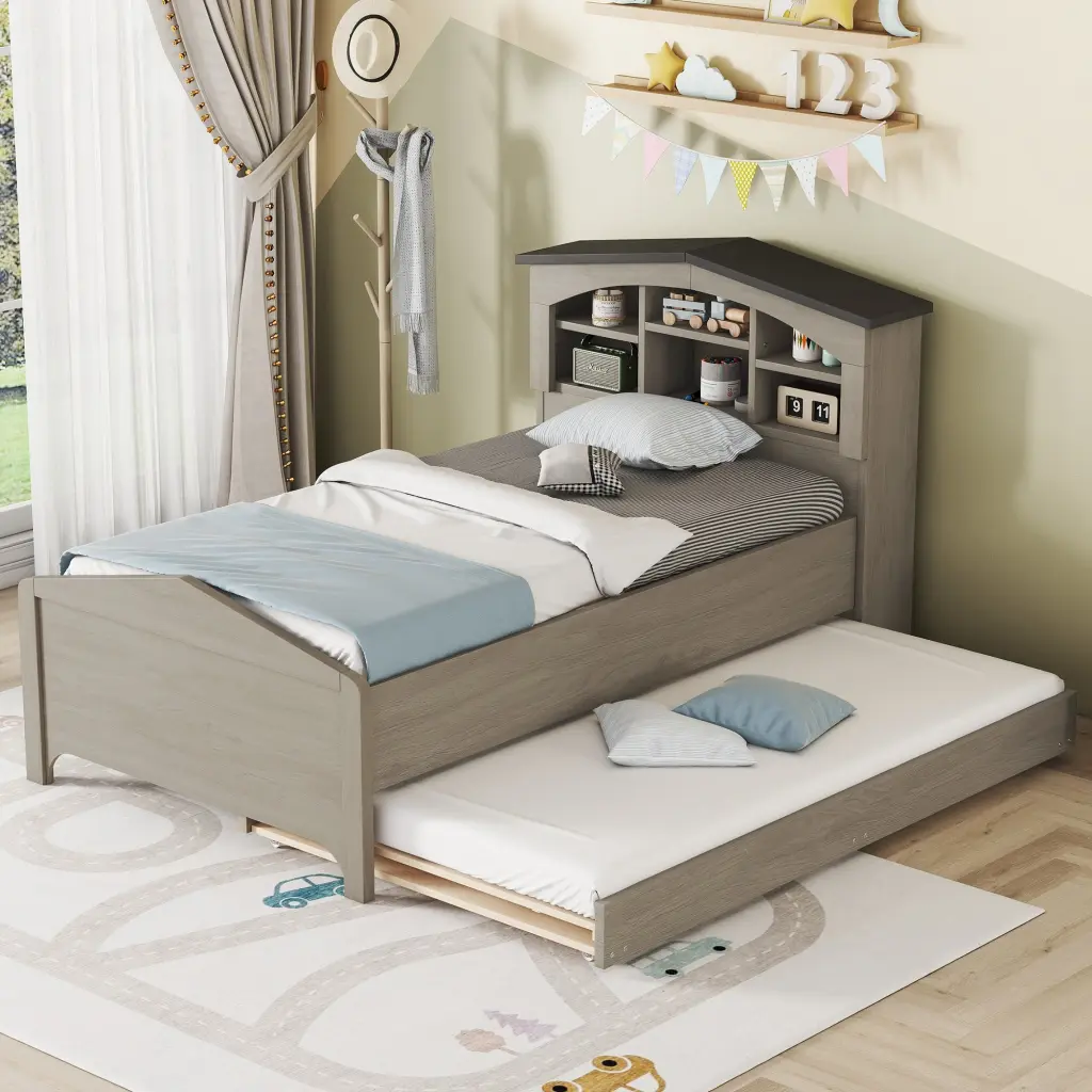 Twin Size Wood Platform Bed House Style Storage Headboard and Trundle wm store