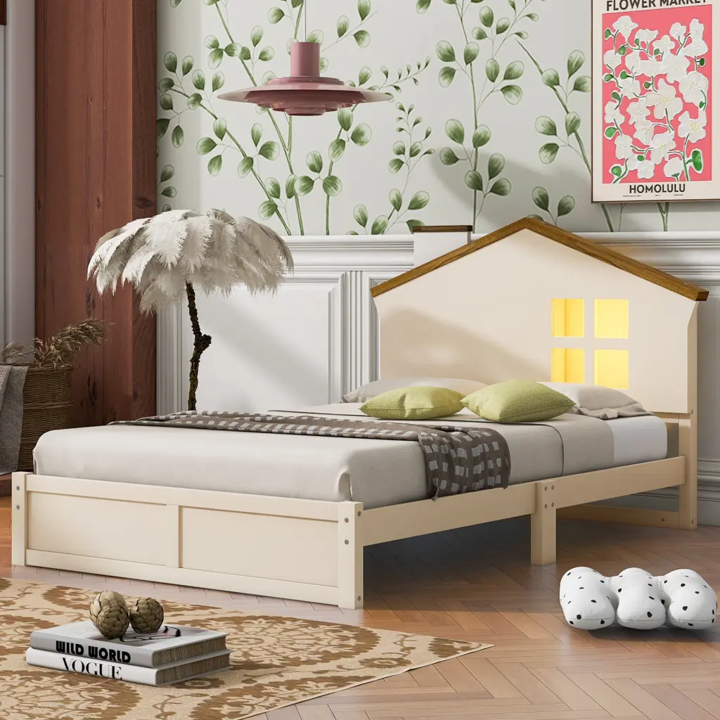 Twin Size Wood Platform Bed Houtilize Headboard wm store
