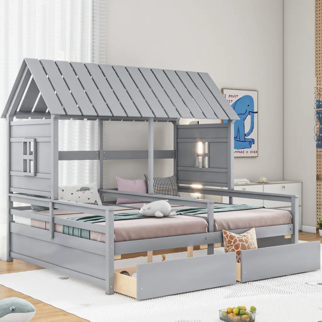Twin Wood Platform Bed Two Drawers Kids Shared Room Furniture wm store